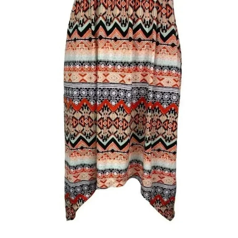 B&B BOUTIQUE WOMEN'S STRAPLESS ELASTIC TOP FLOWY AZTEC PRINT‎ DRESS MEDIUM-EUC